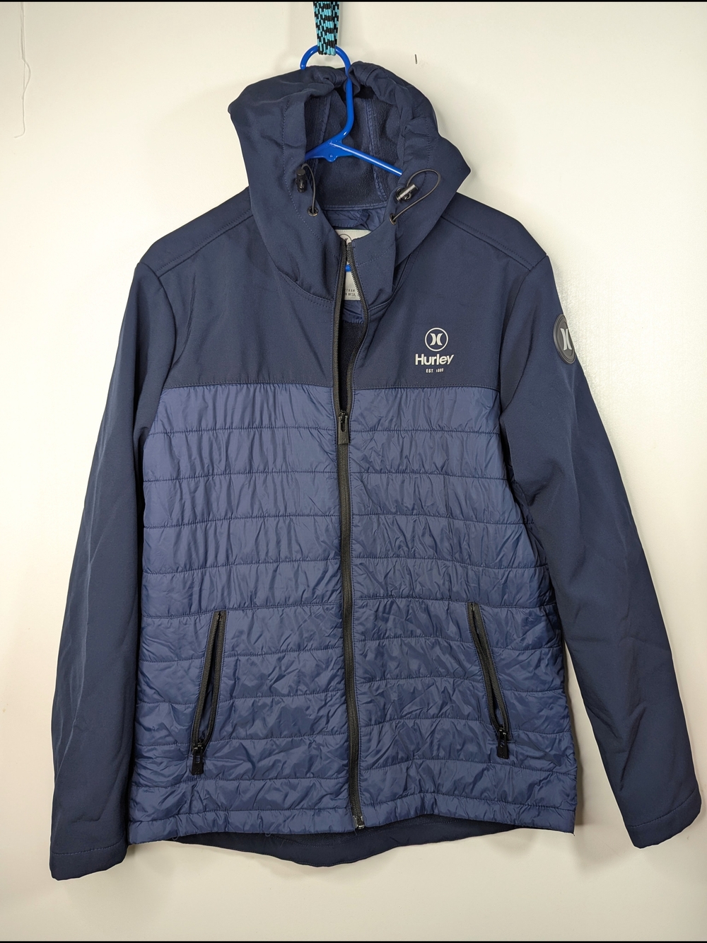 Hurley Mens Hybrid Soft shell PufferJacket Blue Hooded Full Zip Size Medium